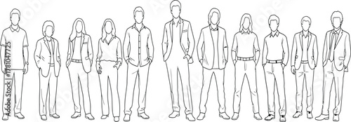 Business team outline, diverse people standing, casual to formal outfits, male female characters, faceless figures, minimalist line art vector set, HR profiles.