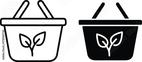 Eco-Friendly Shopping Basket and Organic Groceries E-Commerce Icon Set or Vector Silhouette. .eps