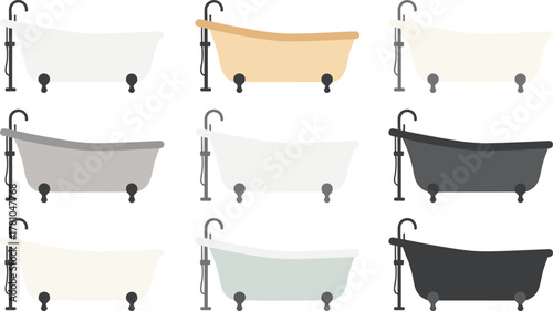 Set of vintage clawfoot bathtubs in different colors, minimalist vector illustration, bathroom interior design collection isolated on white background