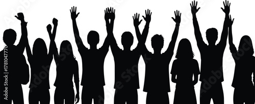 Cheering crowd silhouette banner, people raising hands, festival audience celebration, concert party header, black vector group illustration for events