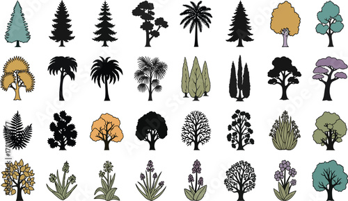 Colorful tree and plant icons, pine spruce palm and deciduous varieties, flat vector foliage collection for landscapes, gardens, and branding