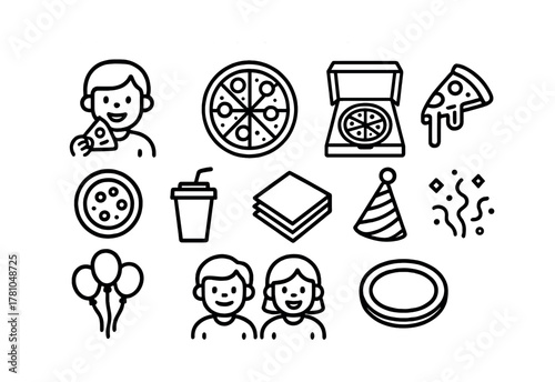 Pizza party icons: kids, pizza slices, balloons, drinks, party elements