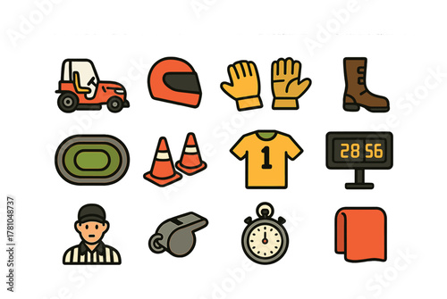 Sports equipment and accessories icons featuring helmet, gloves, and stopwatch