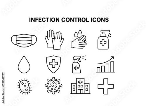 Infection control icons: mask, hands, sanitizer, shield, hospital, virus protection symbols