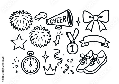 Cheerleading icons: pom poms, megaphone, sneakers, ribbons, and medals