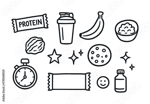 Healthy snack icons including protein bar, blender bottle, bananas, and oatmeal bowl