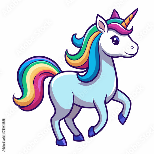 A whimsical, light blue cartoon unicorn with a vibrant rainbow mane and tail, prancing with joy against a white background.