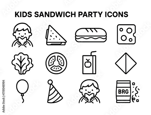 Kids sandwich party icons: food, drinks, accessories, fun elements for celebrations