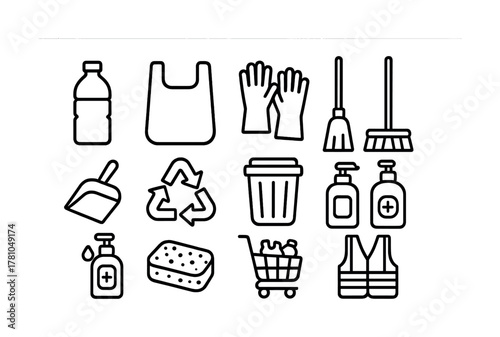 Essential cleaning tools and safety gear icons for everyday home and work use