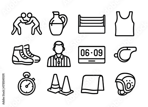 Black and white wrestling icon set featuring equipment and gear