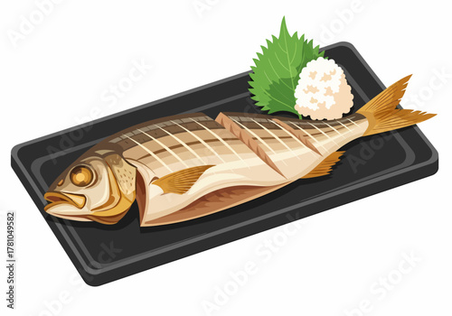 Delicious grilled mackerel fish vector illustration presented on a black rectangular plate, accompanied by traditional Japanese garnishes of fresh green shiso leaf and grated white daikon radish