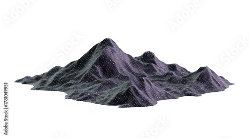3D mountain landscape digital terrain wireframe mesh purple and gray color abstract futuristic technology isolated on transparency background geometric elevation model