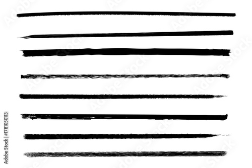 Set of black stroke lines isolated on white background Horizontal long grungy brush strokes. 