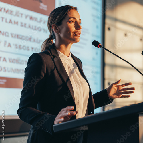 Kobieta przemawiająca na konferencji lub wykładzie