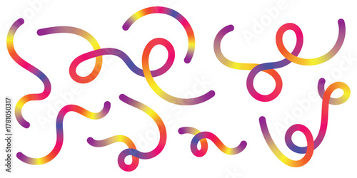 Abstract Color Gradient Lines Pattern. Vector Wave 3D Graphic Shapes with Gradient. Organic Rainbow Wavy Ribbons. Set of Fun Kid Doodle Colour Gradation Lines.