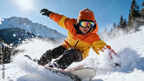 Snowboarder at top of mountain descent. Snowboarder in bright jacket, reflective goggles glides down snowy mountain slope in slow motion. Energy, freedom and snowboard action. Extreme sport concept
