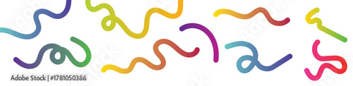 Abstract Color Gradient Lines Pattern. Vector Wave 3D Graphic Shapes with Gradient. Organic Rainbow Wavy Ribbons. Set of Fun Kid Doodle Colour Gradation Lines.