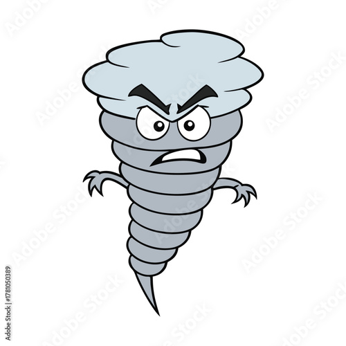 A furious cartoon tornado swirls with wild eyes and clenched teeth, spinning clouds and debris in a stormy rage, showing powerful energy and unstoppable motion.
