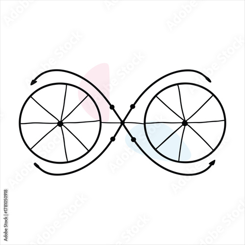 Infinity symbol formed by two wheels and arrows motion