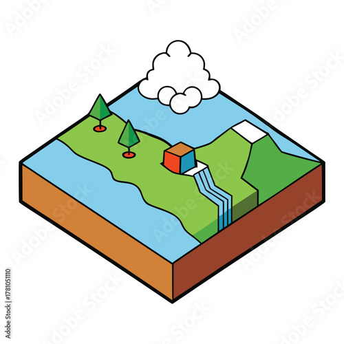 Isometric illustration showing a natural disaster scene with floods, earthquakes, and storms, featuring detailed 3D terrain, damaged buildings, and rescue efforts in motion.
