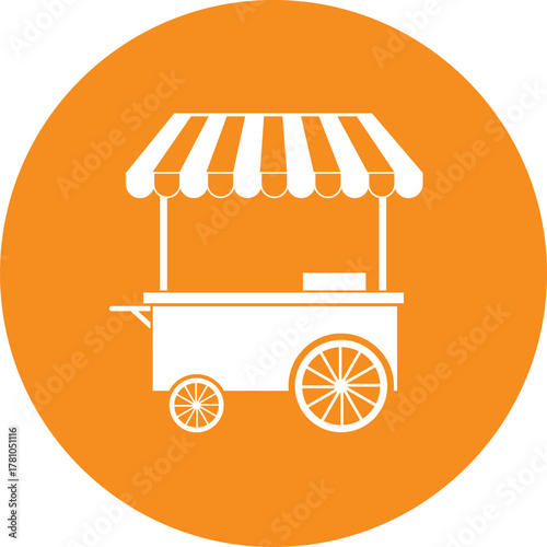 White food cart with striped awning on orange circle background stall kiosk