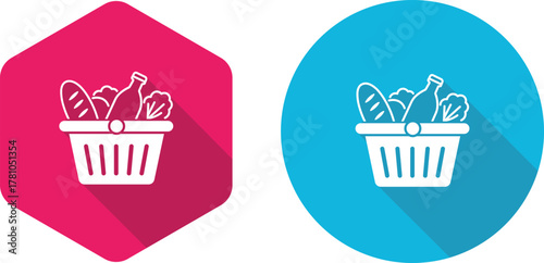 White shopping basket icon with groceries on pink and blue backgrounds bread bottle