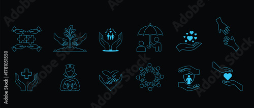 Care and support line icon Set. Collection of helping hands, charity, health care, love and protection symbols. Vector illustration.