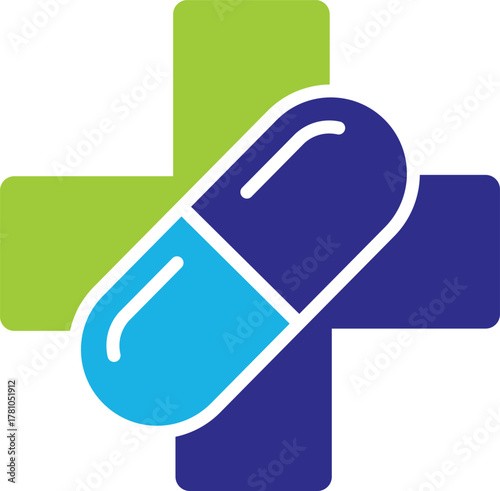Blue and green cross with capsule icon medical health