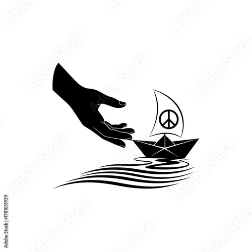 Hand launching paper boat with peace sign into water representing hope for peace
