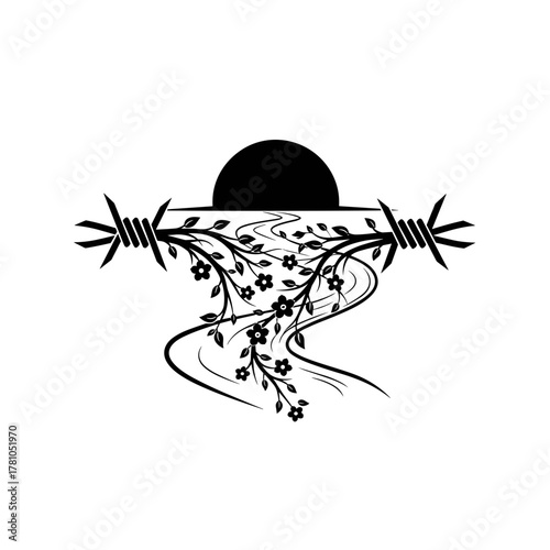 River of hope for peace flowing through barbed wire with flowers illustration icon