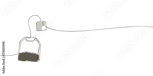 One line drawing of a tea bag with label and string isolated on white background. Minimal continuous line illustration for café, beverage, and kitchen design.