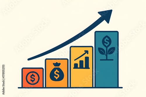 Flat-style illustration representing investment and financial growth. A businessman waters a money plant growing from a pot, symbolizing wealth creation, savings, and profit increase
