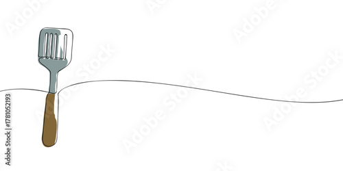 One line drawing of a kitchen spatula with wooden handle isolated on white background. Minimal continuous line illustration for cooking, recipe, and restaurant design.
