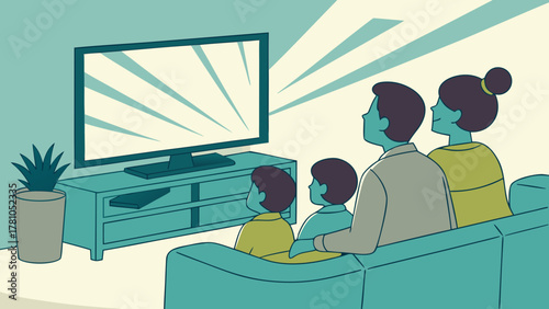Neon Outline of Family Watching TV in Glowing Light Vector Illustration