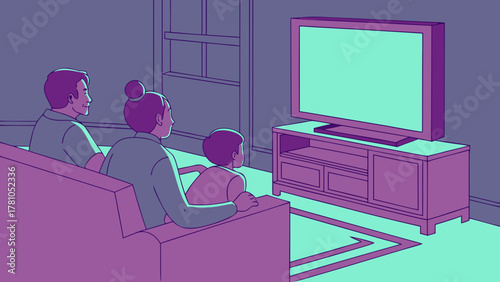 Neon Outline of Family Watching TV in Glowing Light Vector 