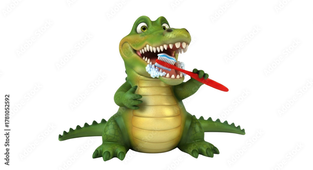 Naklejka premium Alligator brushing teeth with a toothbrush and toothpaste isolated PNG with Transparent Background