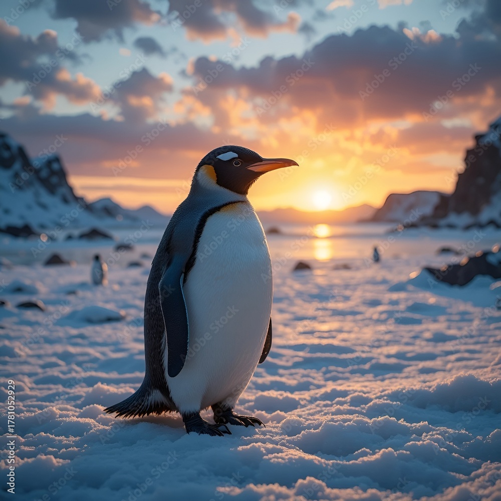 Obraz premium An emperor penguin standing on the ice, side view, full-body shot. 