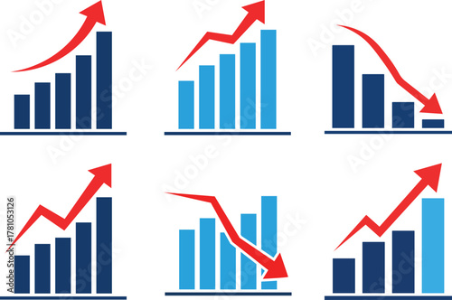 Six bar graph icons showing upward and downward trends with red arrows bar chart up arrow