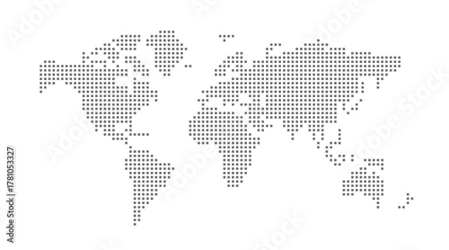 Dotted world map from squares. Grey vector illustration. World map vector, isolated on white background. Suitable for web site pattern, anual report, inphographics. Globe similar worldmap icon. Travel