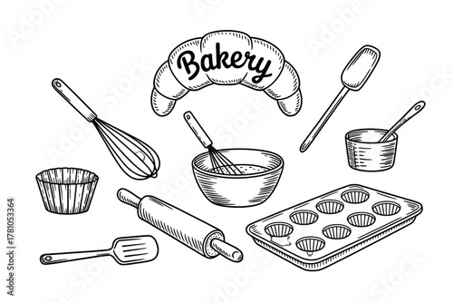 Hand-drawn bakery and pastry tools illustration vintage style vector design for culinary blog recipe book or cafe menu