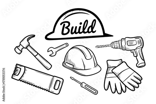 Construction tools sketch set hand drawn vector illustration of hammer saw drill and gloves isolated on white background