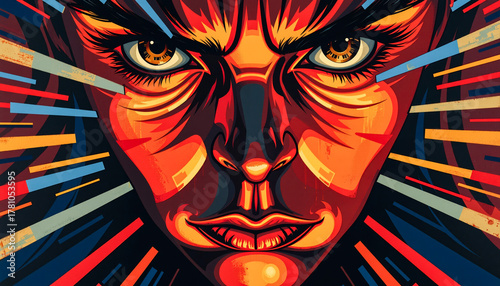 a painting of a woman's face with red hair and blue eyes, set against a vibrant background of red, blue, yellow, and black.