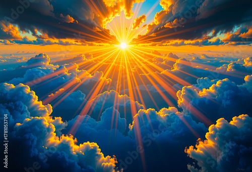 a beautiful sunrise with the sun shining through the clouds, creating a stunning contrast between the bright orange and yellow hues of the sky and the fluffy white clouds.