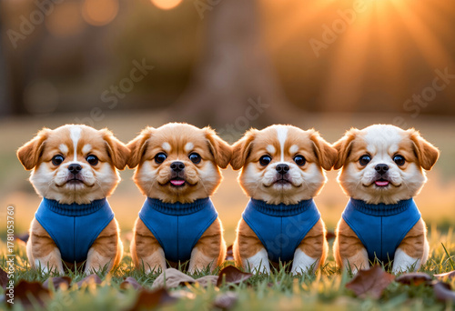  four small chihuahuas wearing blue sweaters sitting in the grass surrounded by leaves. The background is slightly blurred, giving the focus to the puppies.