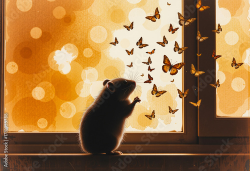  a hamster sitting on a window sill, looking out the window with a few butterflies fluttering around it. The background is slightly blurred, giving the image a dreamy feel