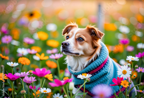  a dog wearing a sweater sitting in a field of colorful flowers, with a blurred background.