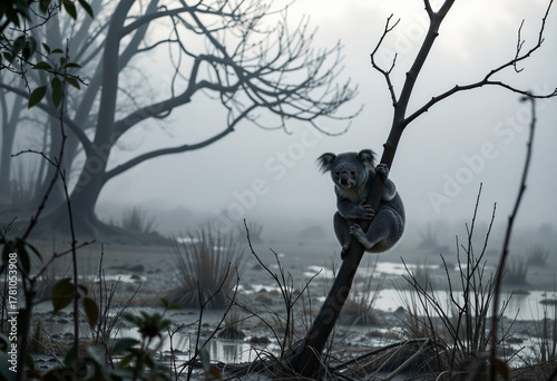 a koala bear sitting atop a tree branch in the fog, surrounded by other trees and plants in the background.