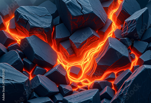 a pile of charcoal with a bright orange flame emanating from it, creating a vivid contrast between the dark charcoal and the bright orange flames.