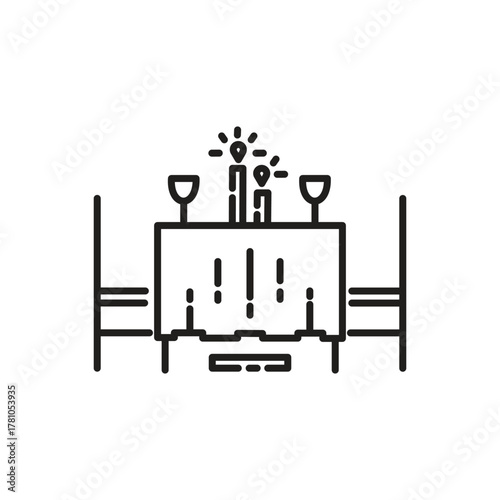Line drawing of a dining table set for a romantic dinner with wine glasses candles and chairs