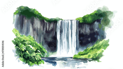 Gocta Waterfall. Gocta Waterfall hand drawn watercolor illustration